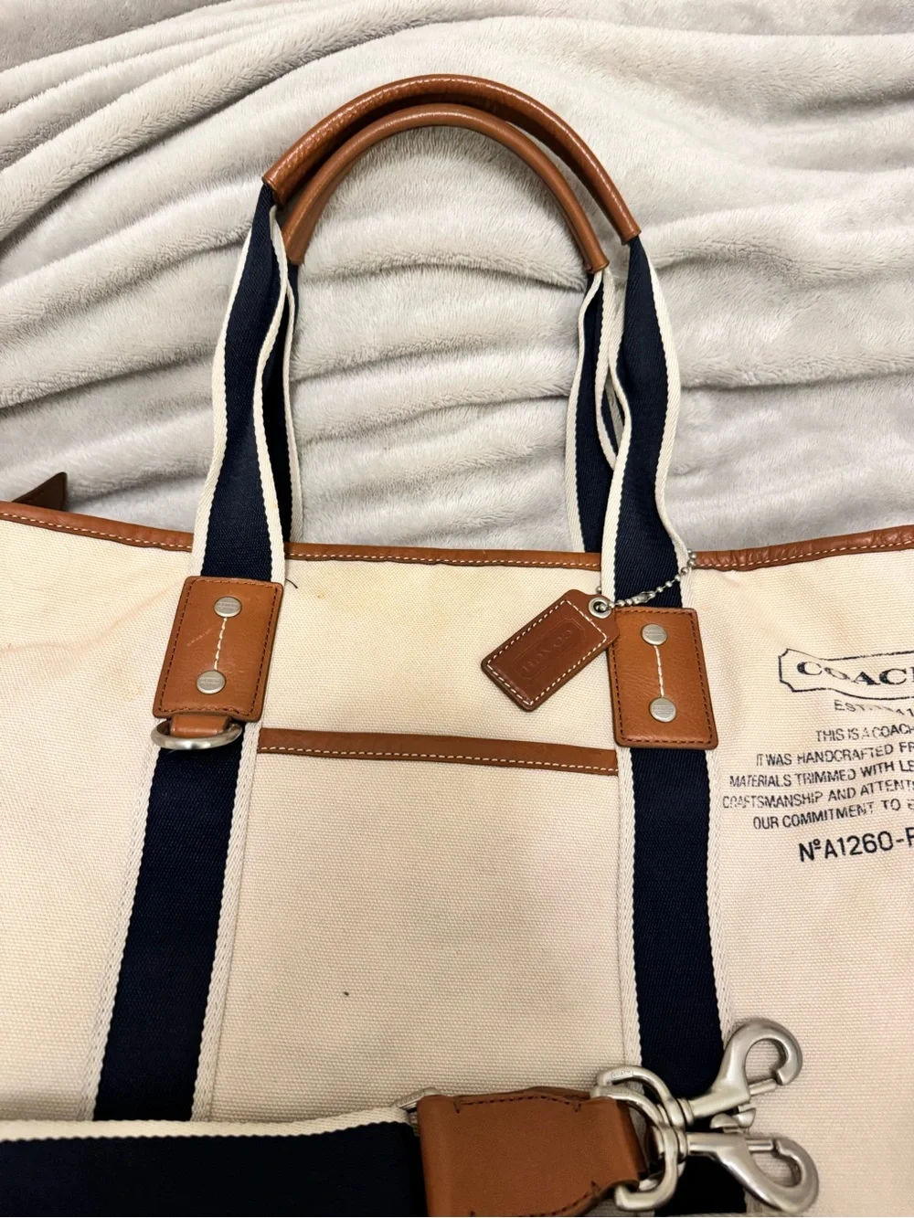 Coach Men’s Canvas & Leather Tote Bag in Cream and Brown